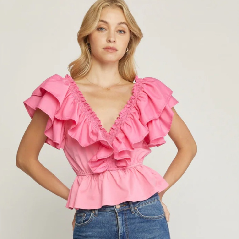 Entro Bree Solid Pink Ruffled Peplum Top Medium